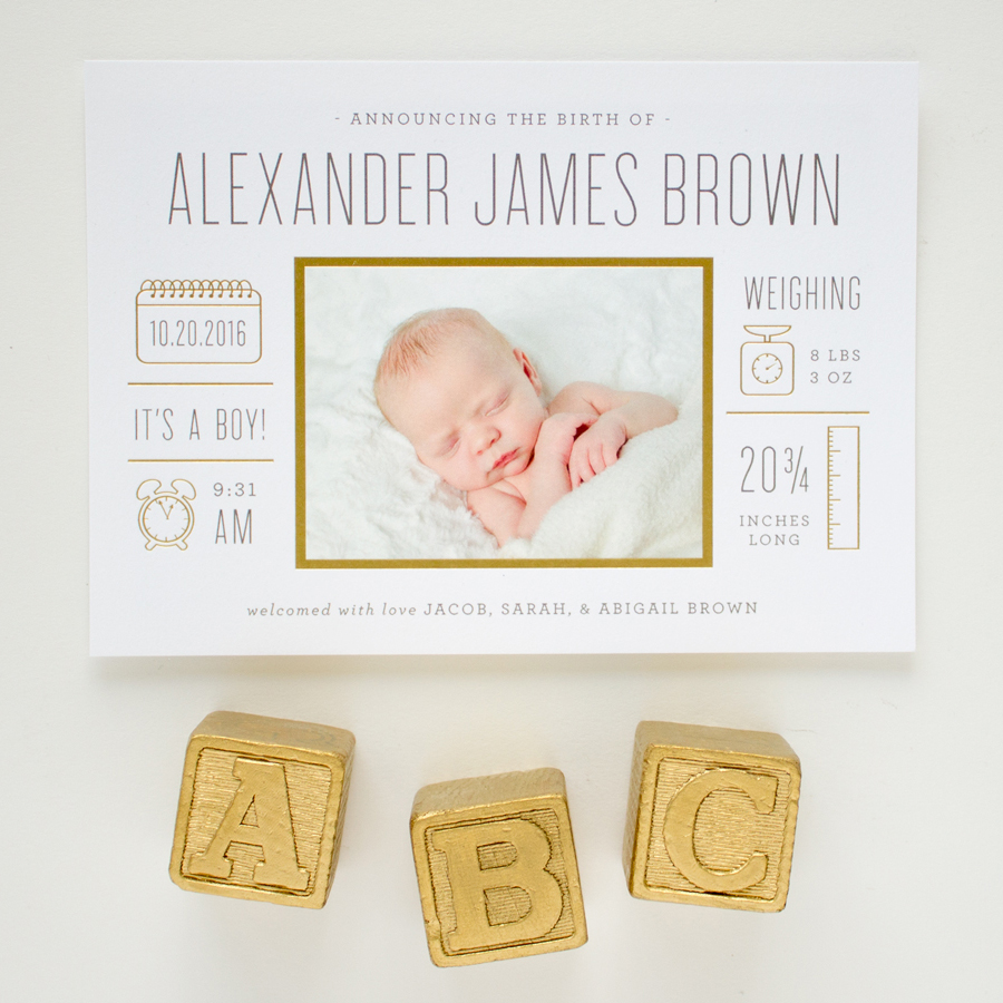 gold foil stamped birth announcements