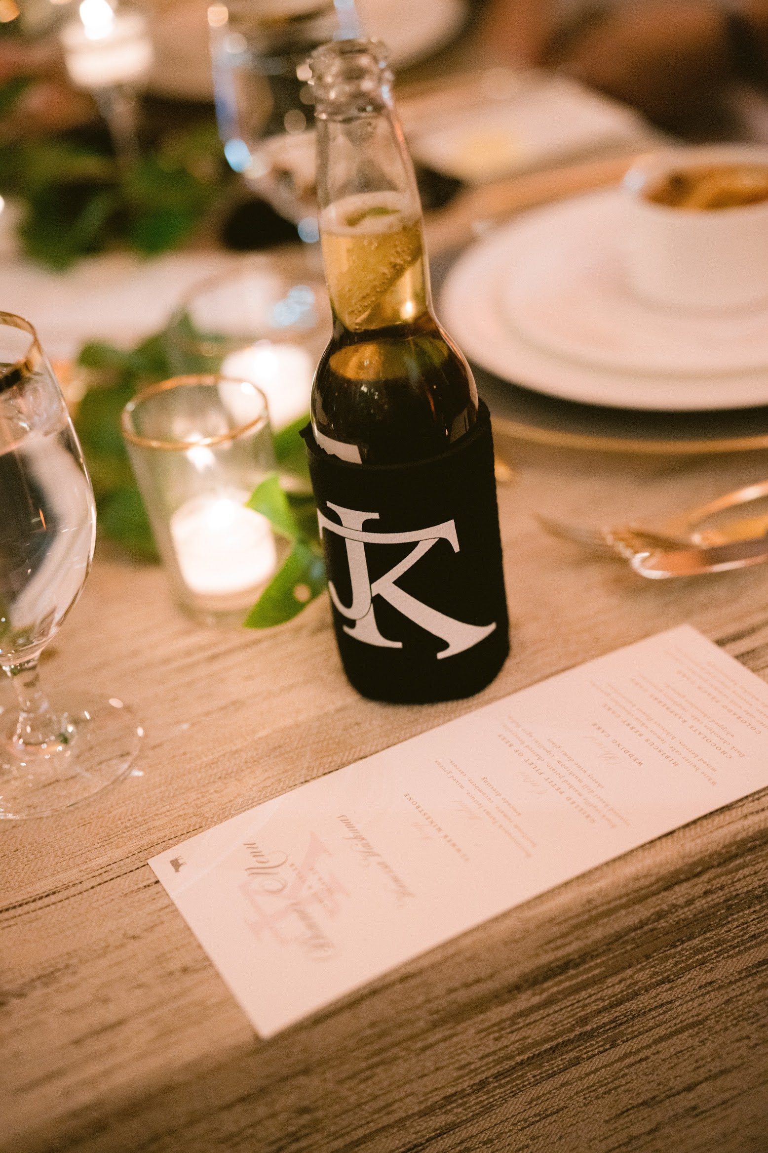 beer koozie with wedding monogram, photographer: Shane Macomber