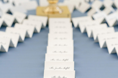 Reception place card display; photo by Katie Whitcomb Photography