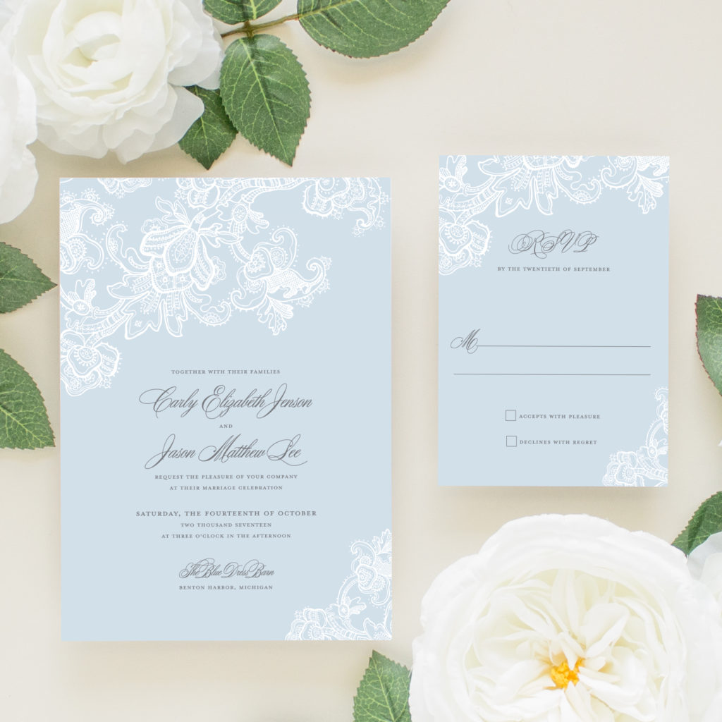 wedding invitations with blue lace