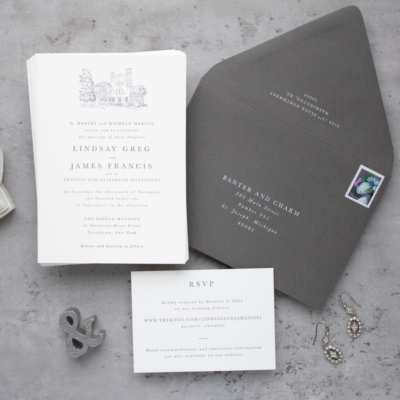 Biddle Mansion venue sketch wedding invitation