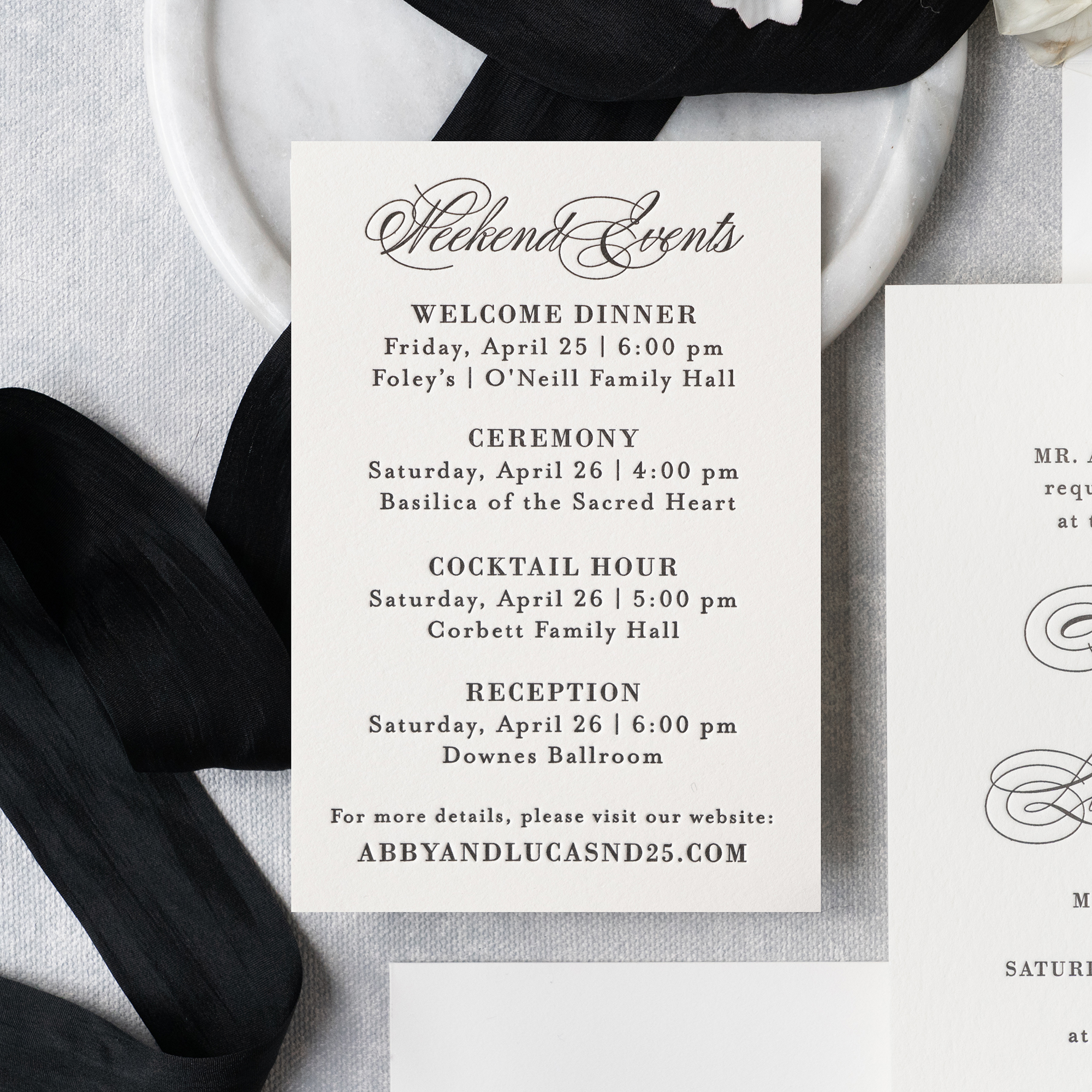 black letterpress wedding events card