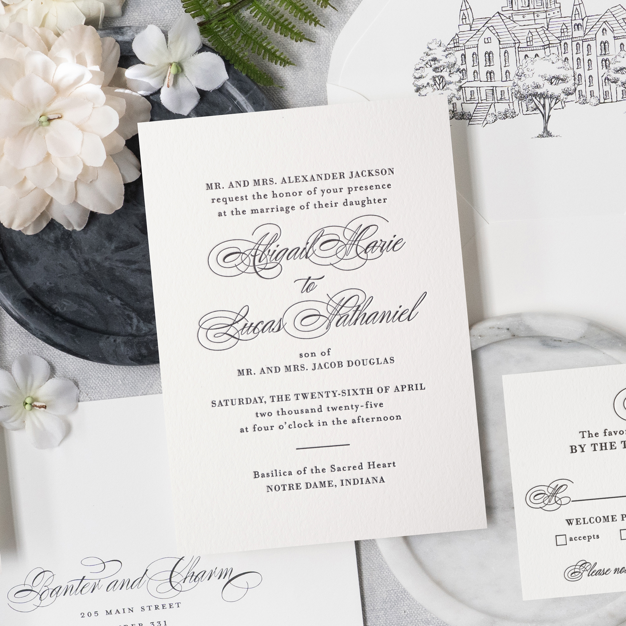 black letterpress wedding invitation traditional