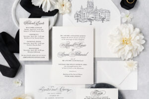 black letterpress wedding invitation with venue sketch envelope liner