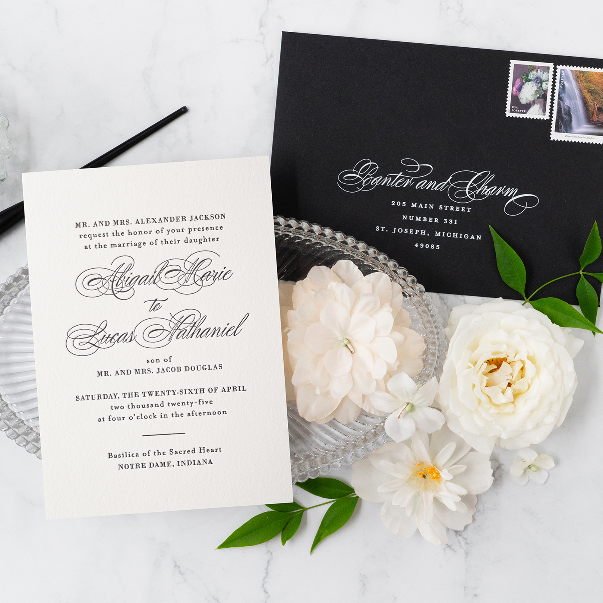 black letterpress classic wedding invitation