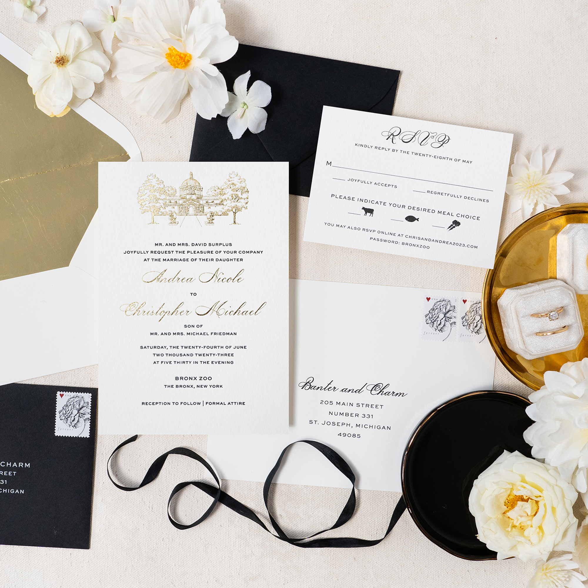 black and gold venue sketch wedding invitations