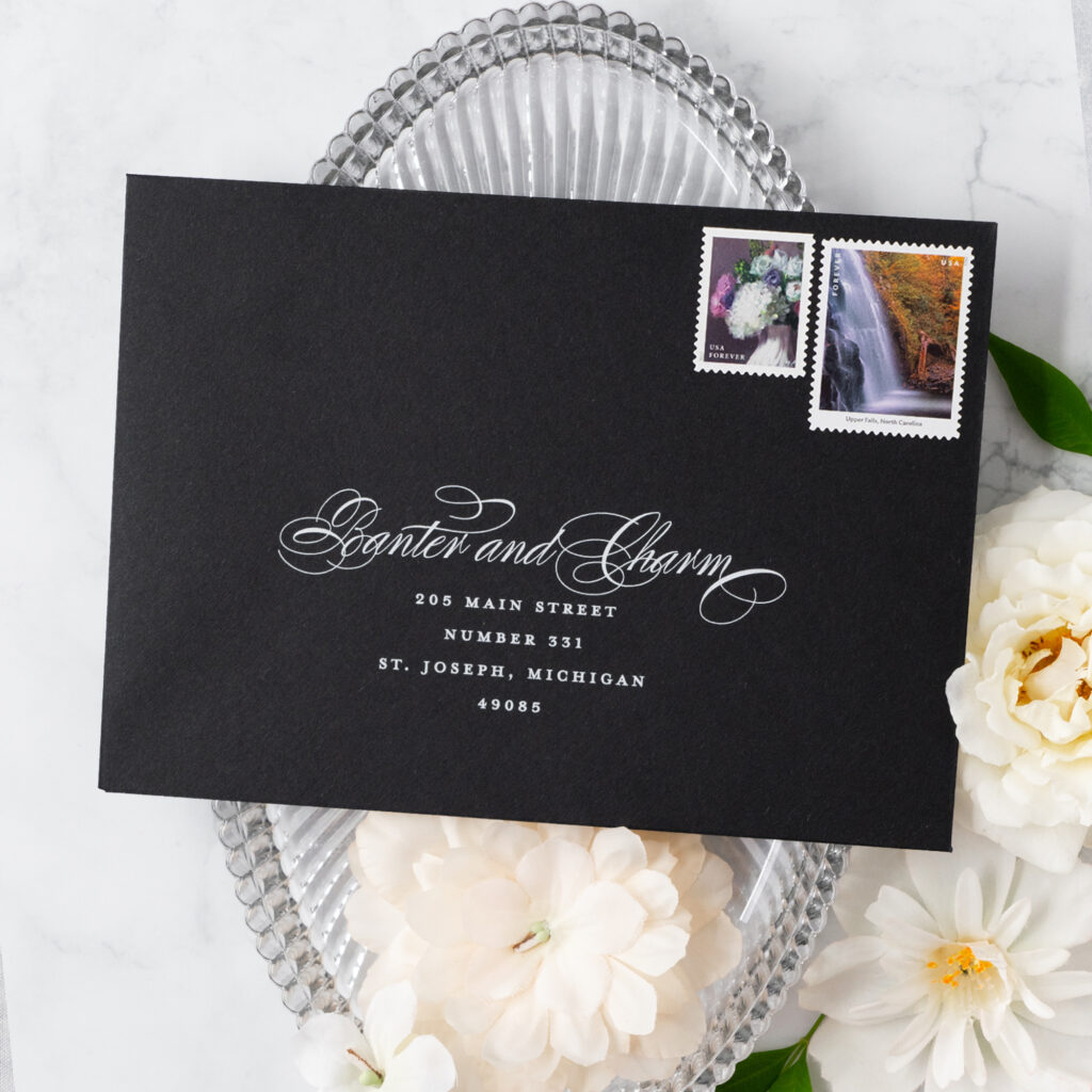 black and white wedding envelope address