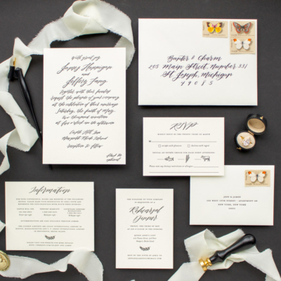 black and ecru calligraphy wedding invitation suite