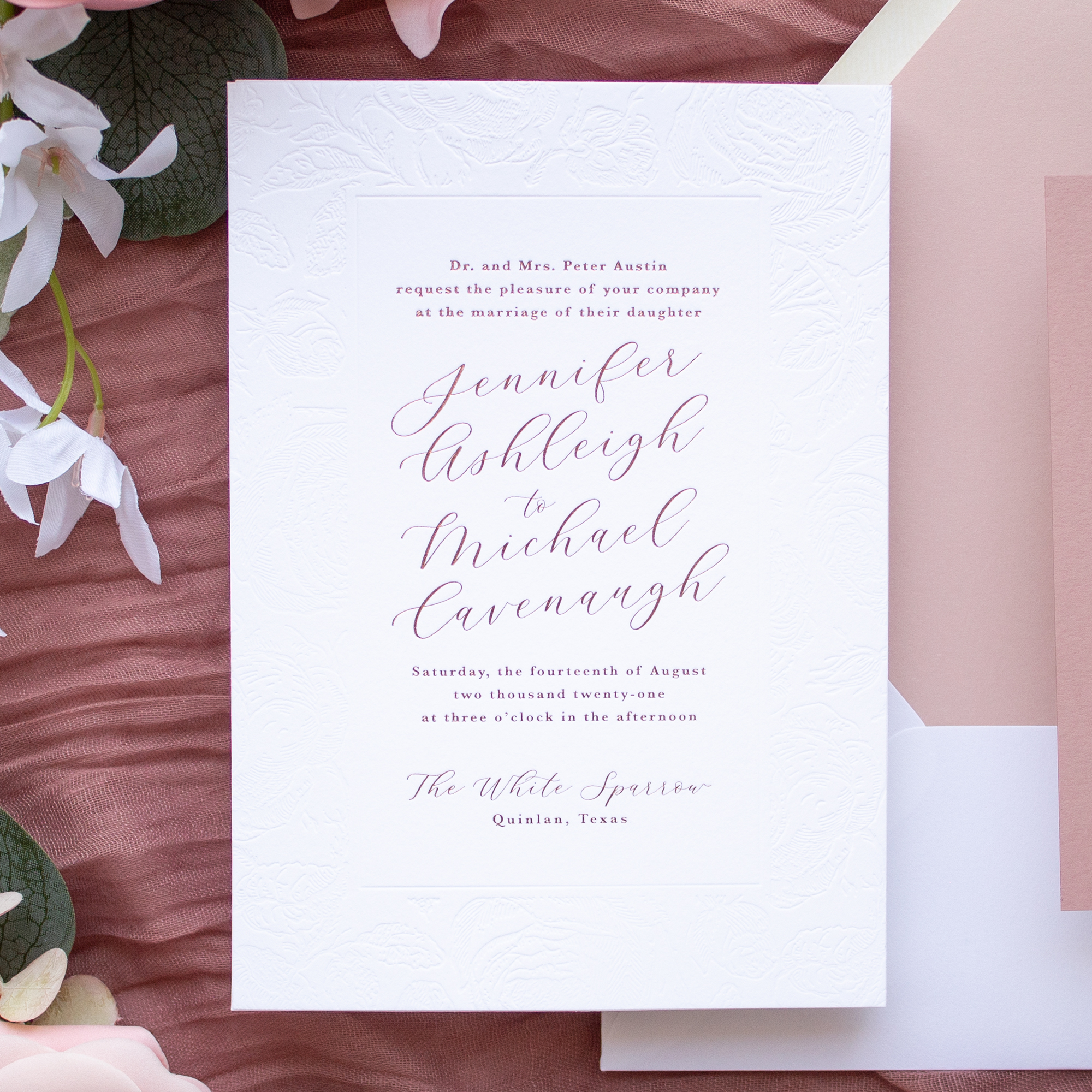 blind letterpress rose gold foil wedding invitations