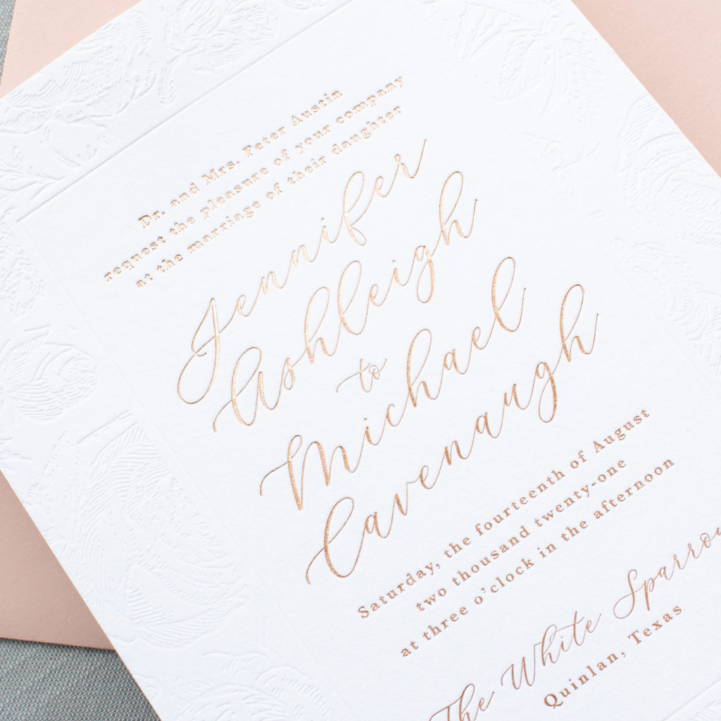 Rose gold foil wedding invitations