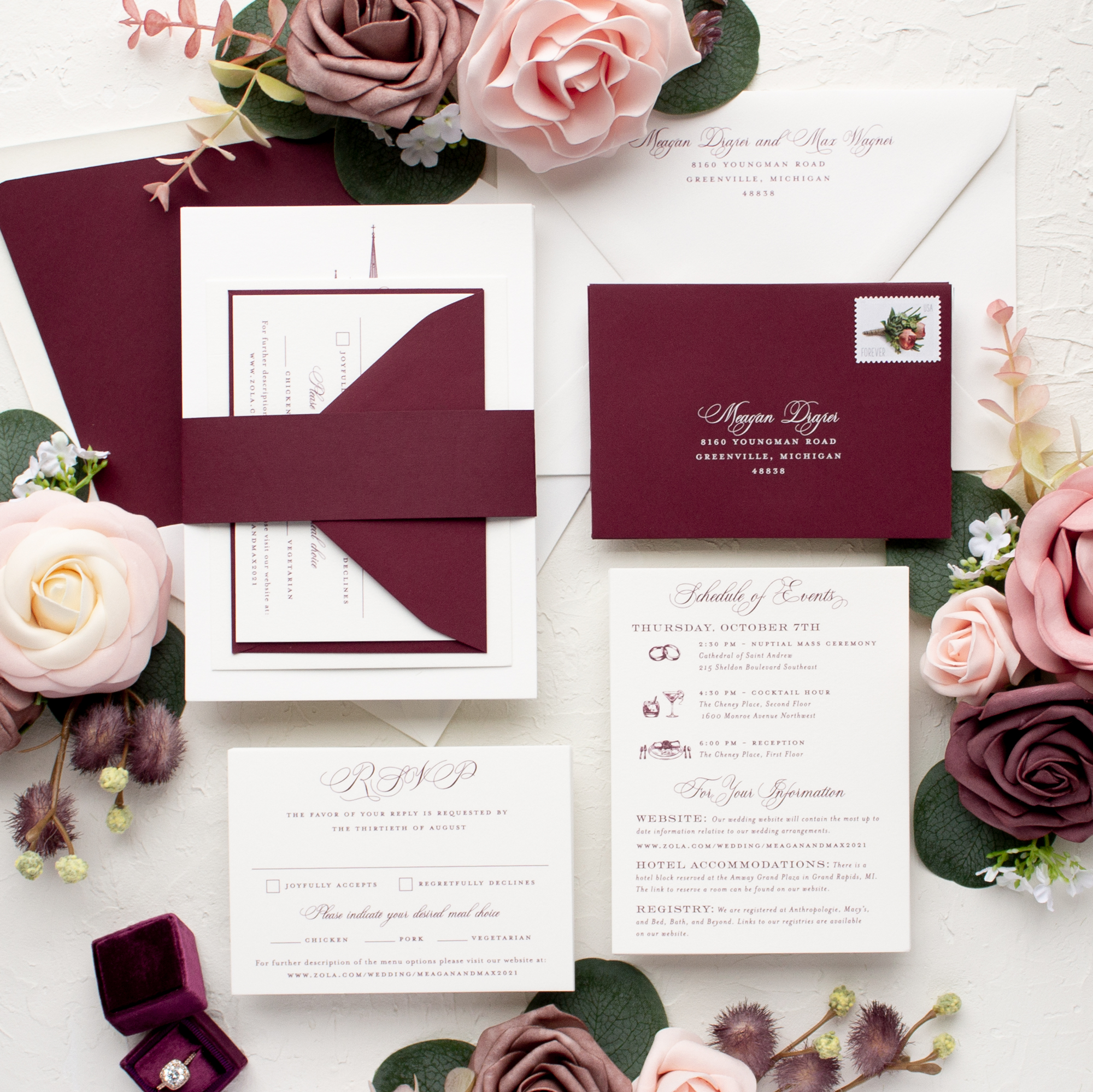 burgundy wedding invitations letterpress