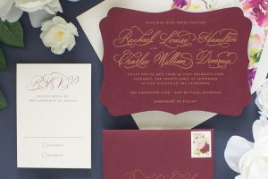 gold and burgundy wedding invitations
