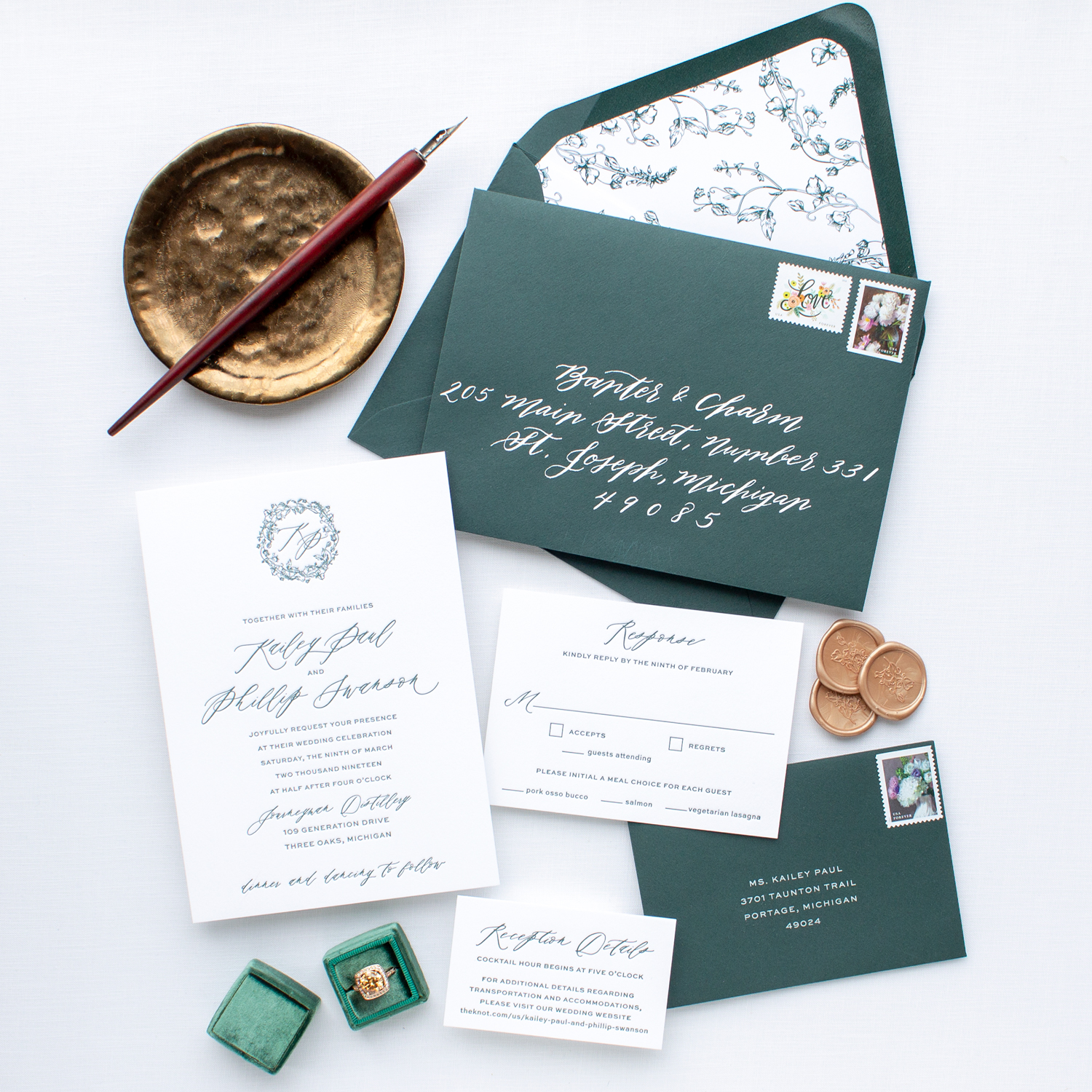 Custom letterpress invitation dark green calligraphy