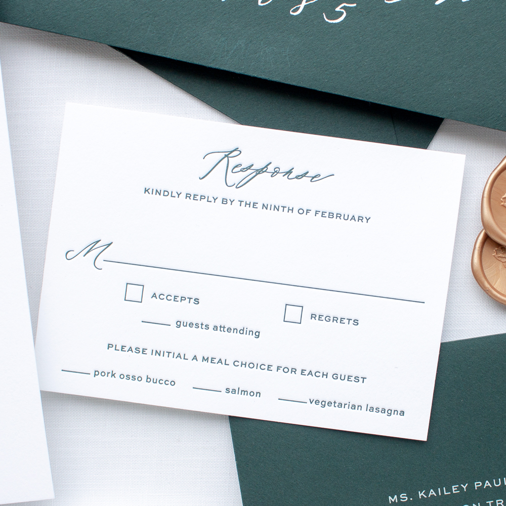 green letterpress wedding invitation rsvp card