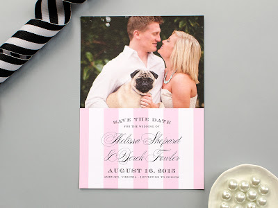 formal save the date, photo card, engagement announcement, pink stripes