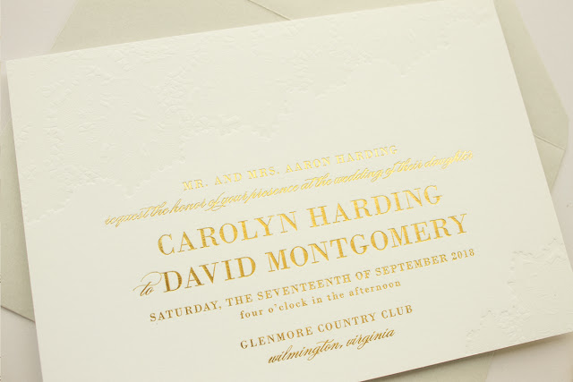 Gold Foil and Blind Letterpress Lace Wedding Invitation Suite: Delicate