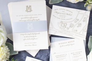 dusty blue and gold wedding invitations