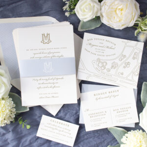 dusty blue and gold wedding invitations