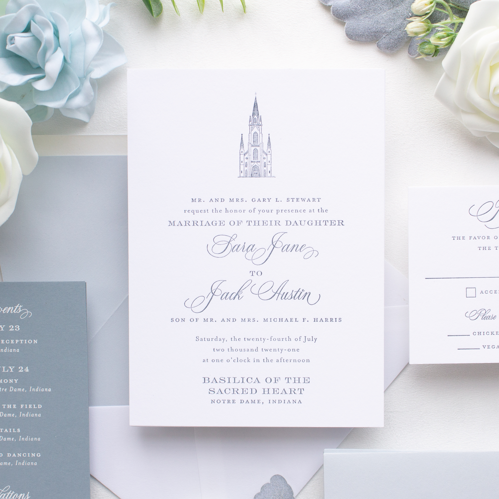 dusty blue basilica wedding invitations