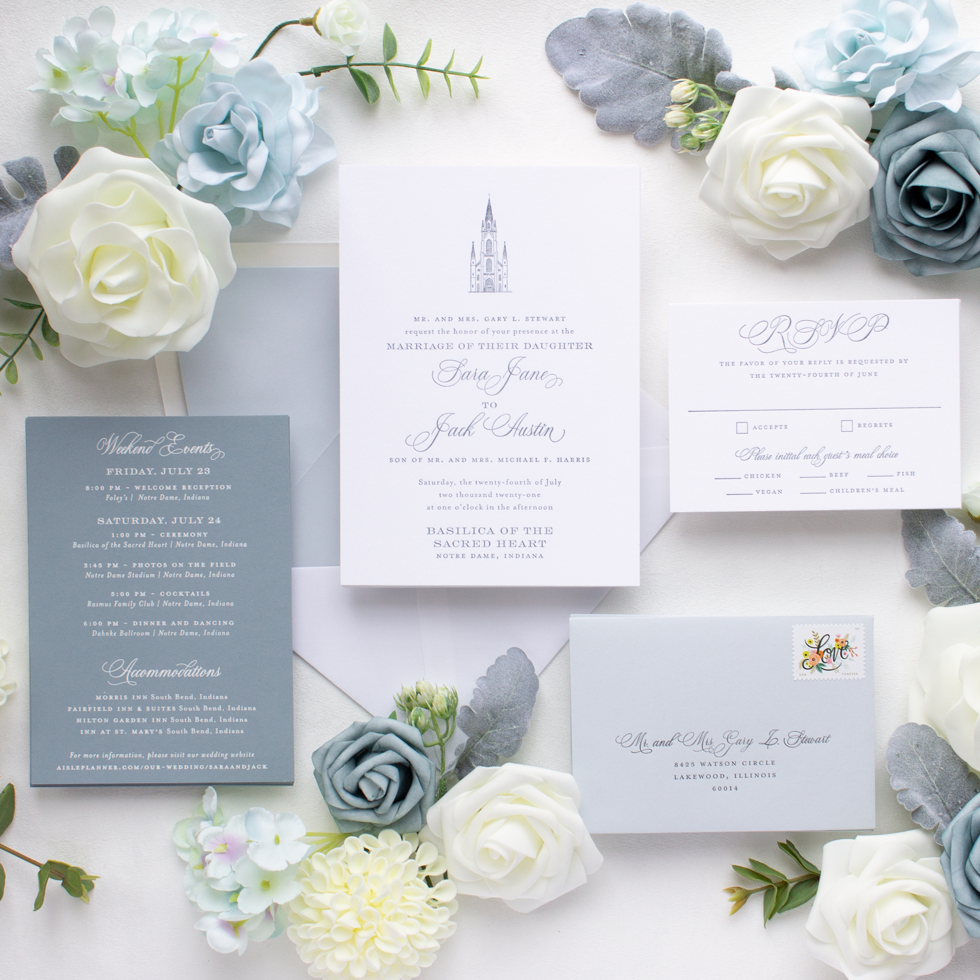 dusty blue notre dame wedding invitations