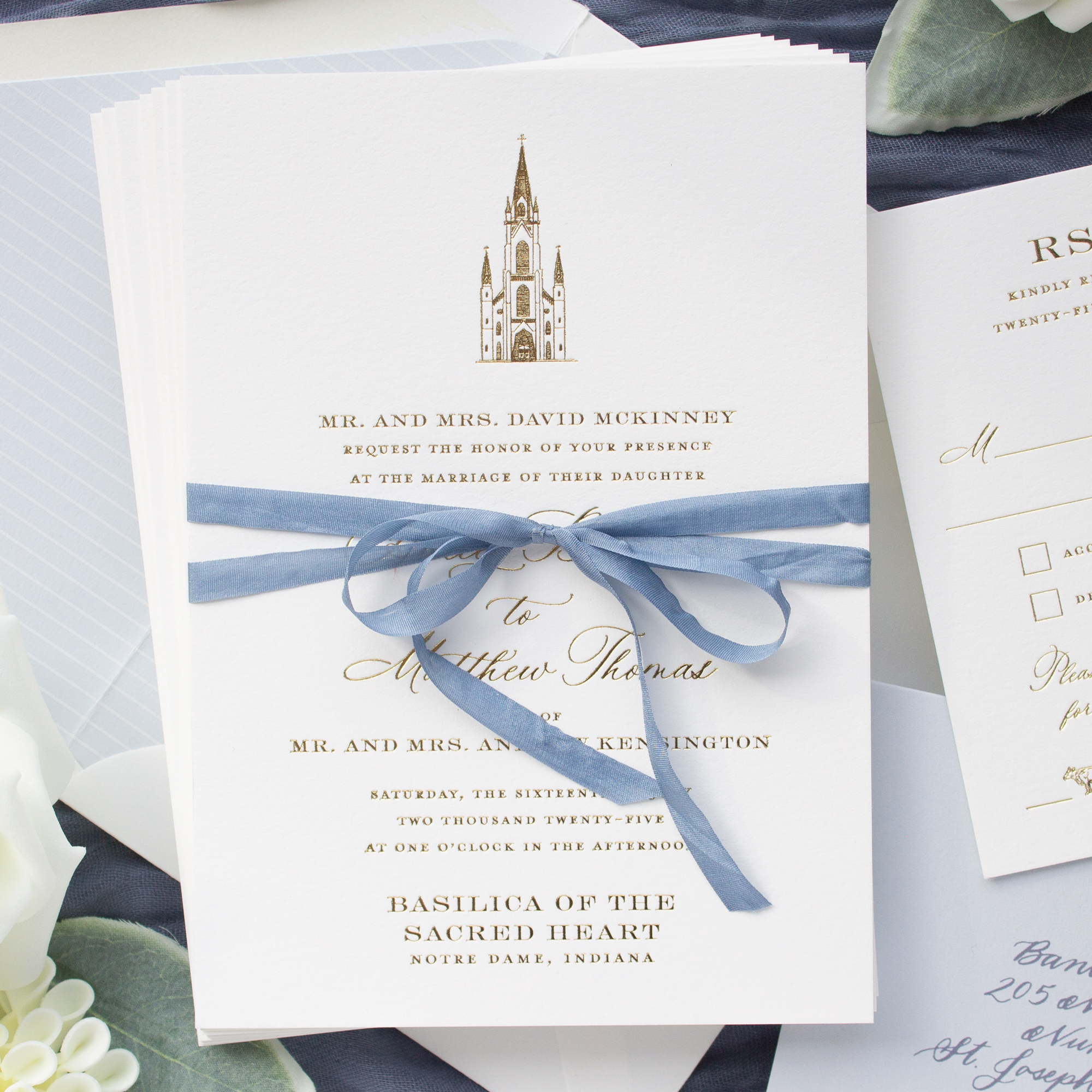 dusty blue ribbon wedding invitations