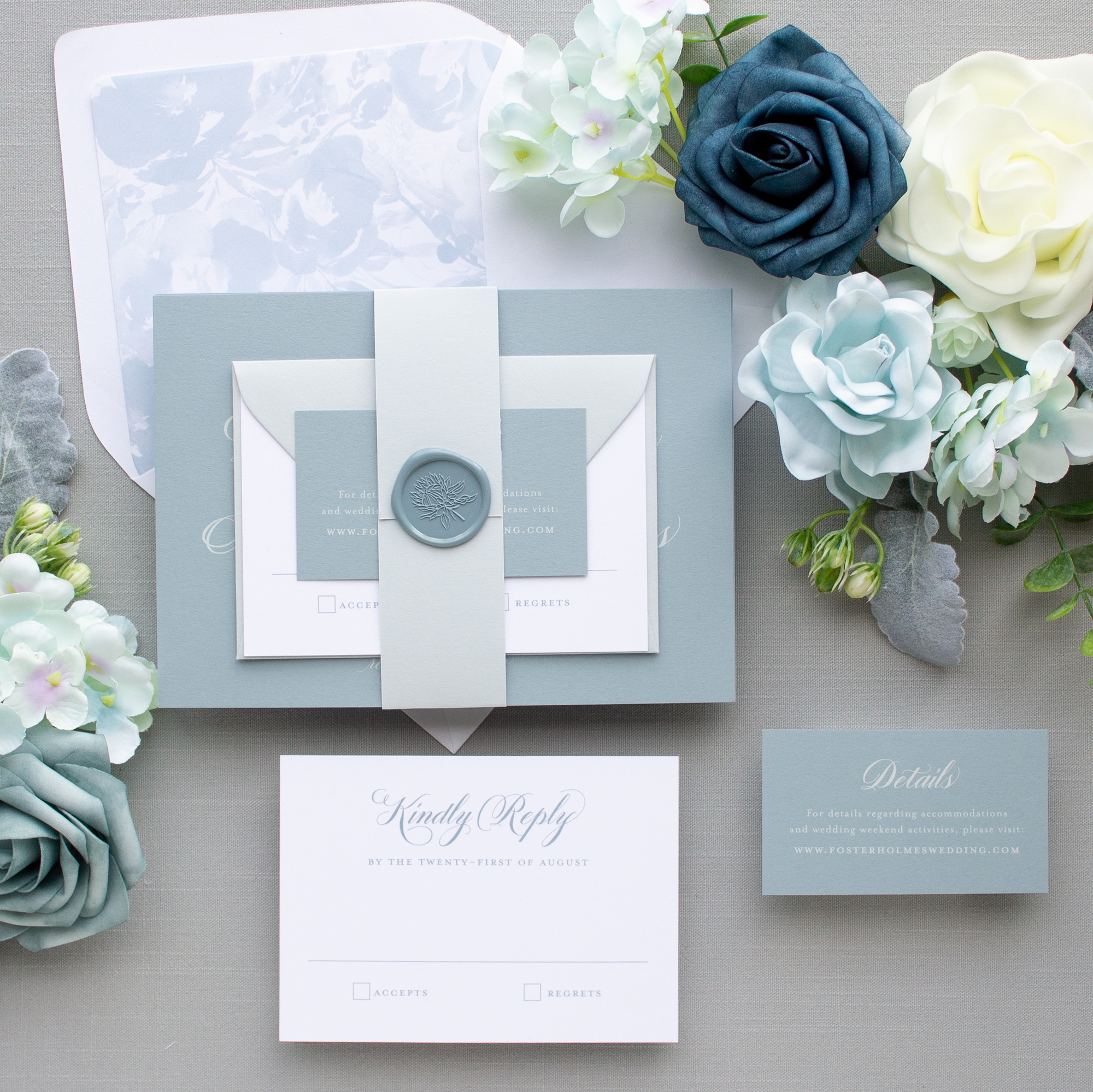 Dusty blue wedding invitations