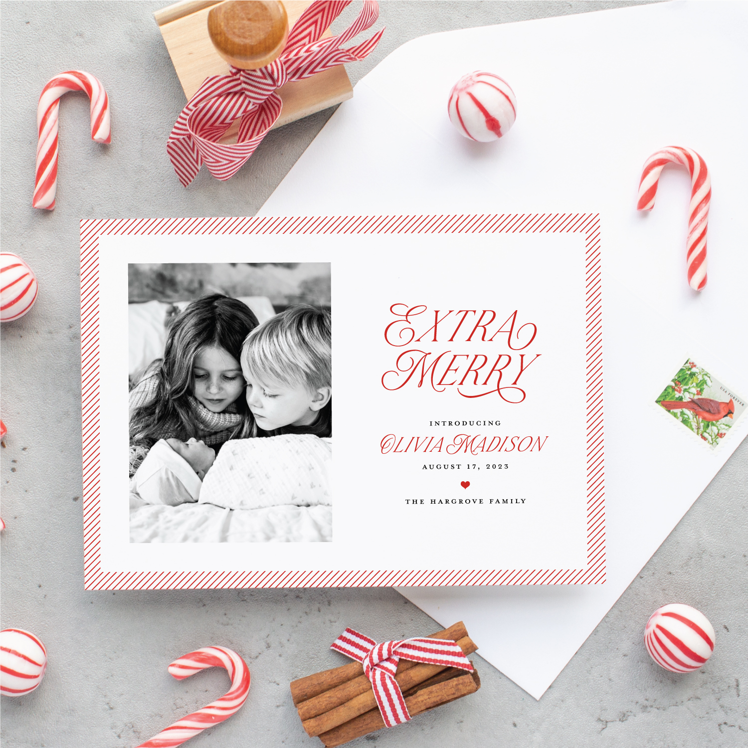 extra merry holiday birth announcement