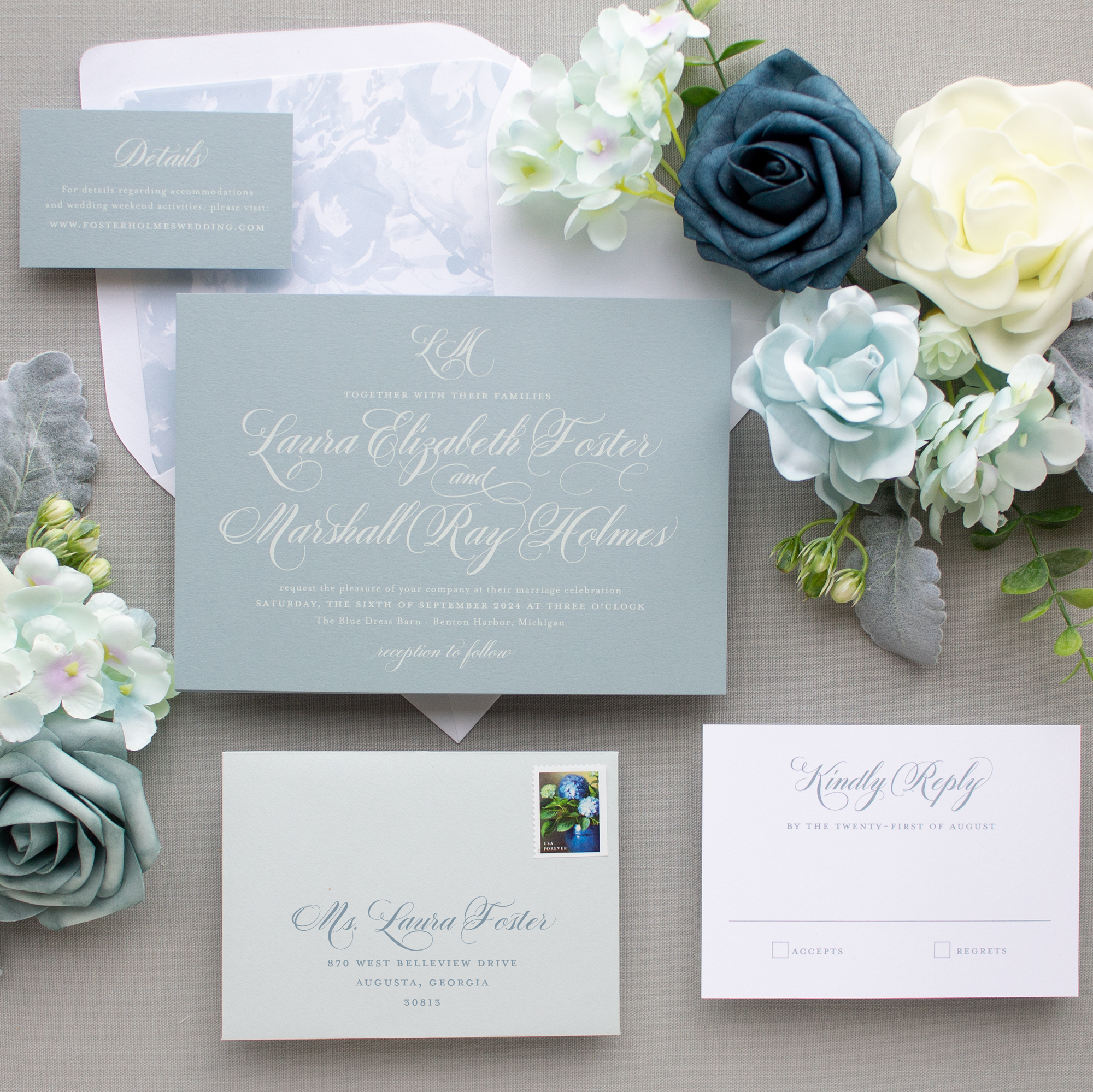 french blue wedding invitation suite