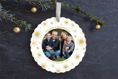 holiday card, ornament card, minted, snow, gold