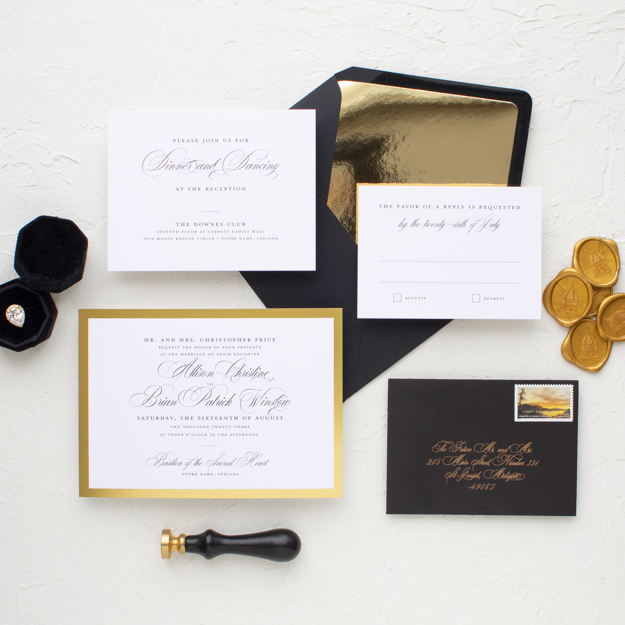 Classic Wedding Invitations for Notre Dame Brides SAMPLE Classic Border Black Foil Stamp Invitations for Formal Weddings