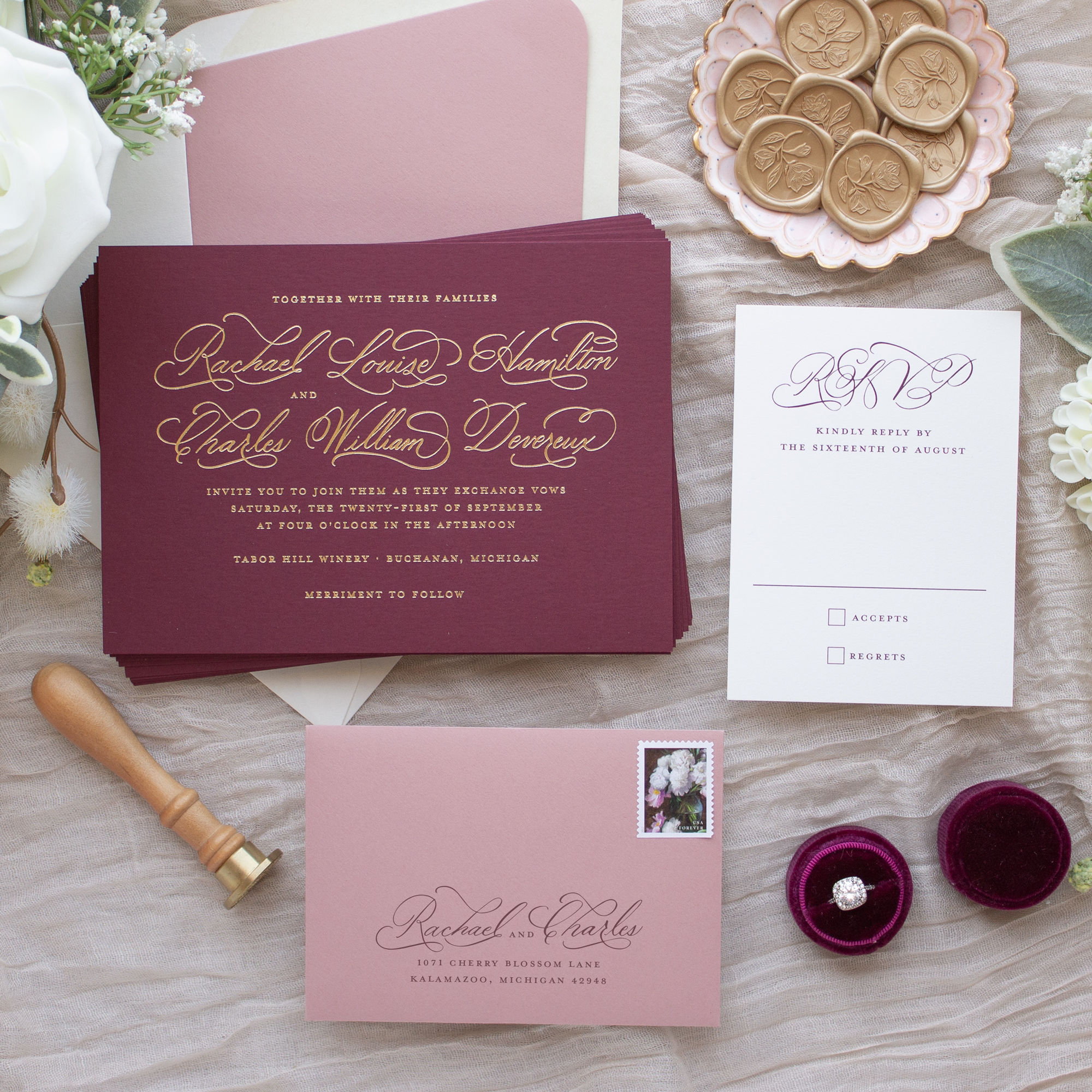gold foil calligraphy wedding invitation suite