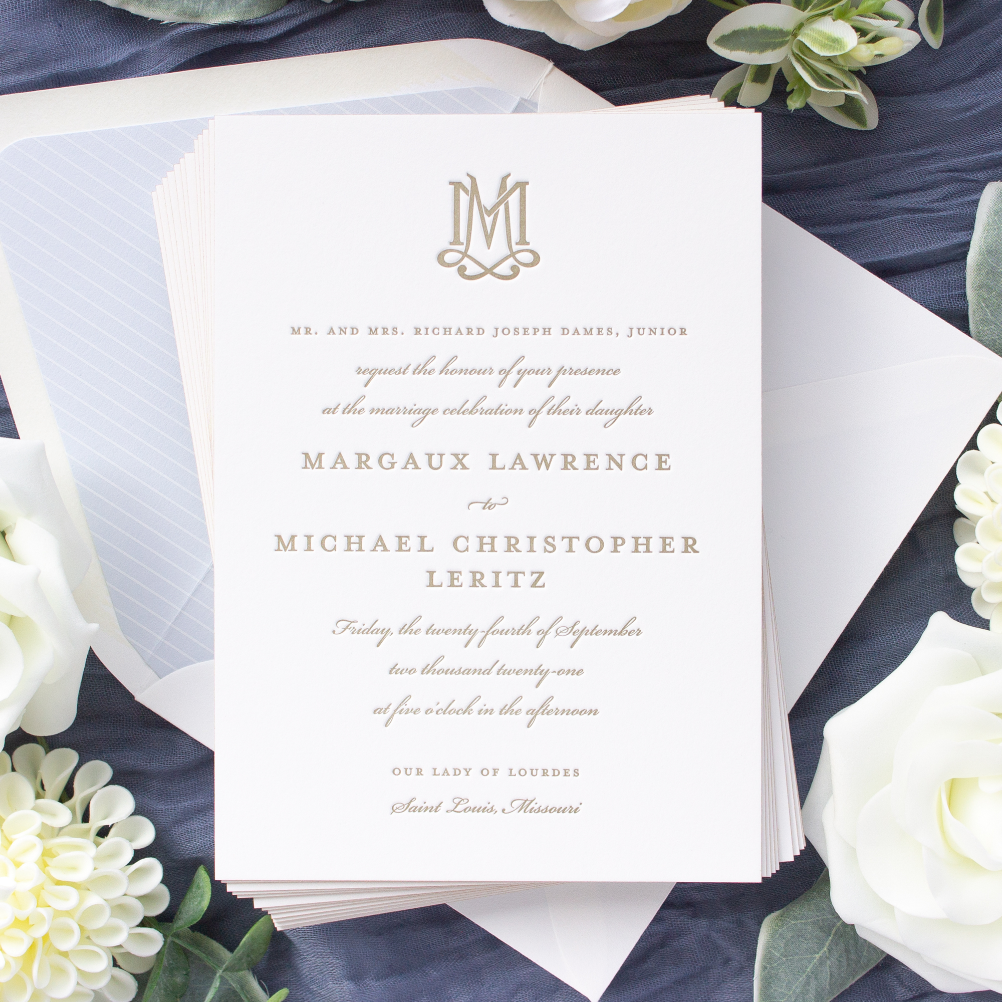 gold and blue wedding invitations