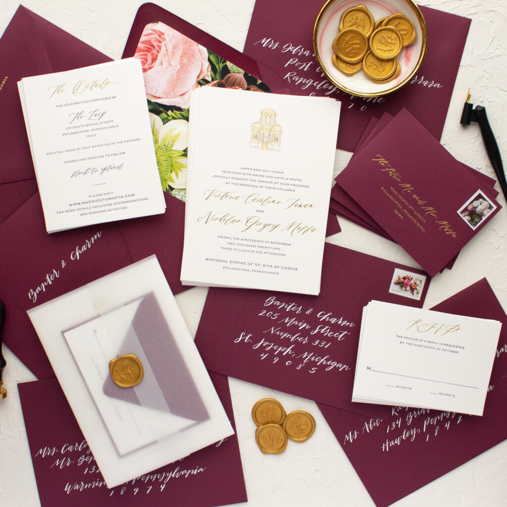 Gold and burgundy wedding invitation suite