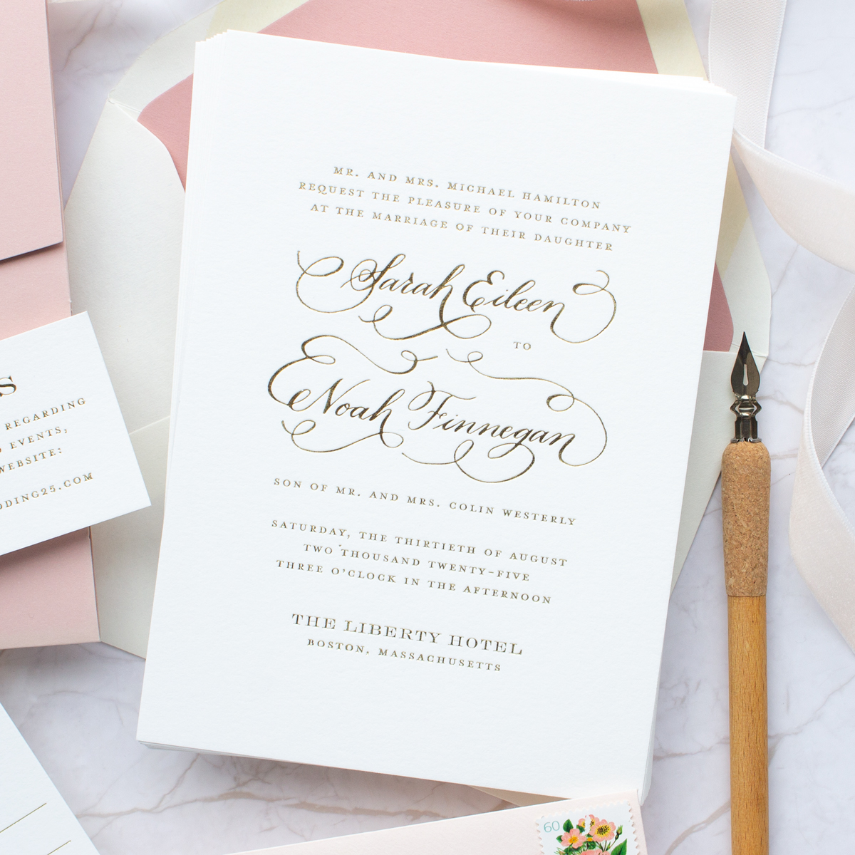 gold foil calligraphy wedding invitation