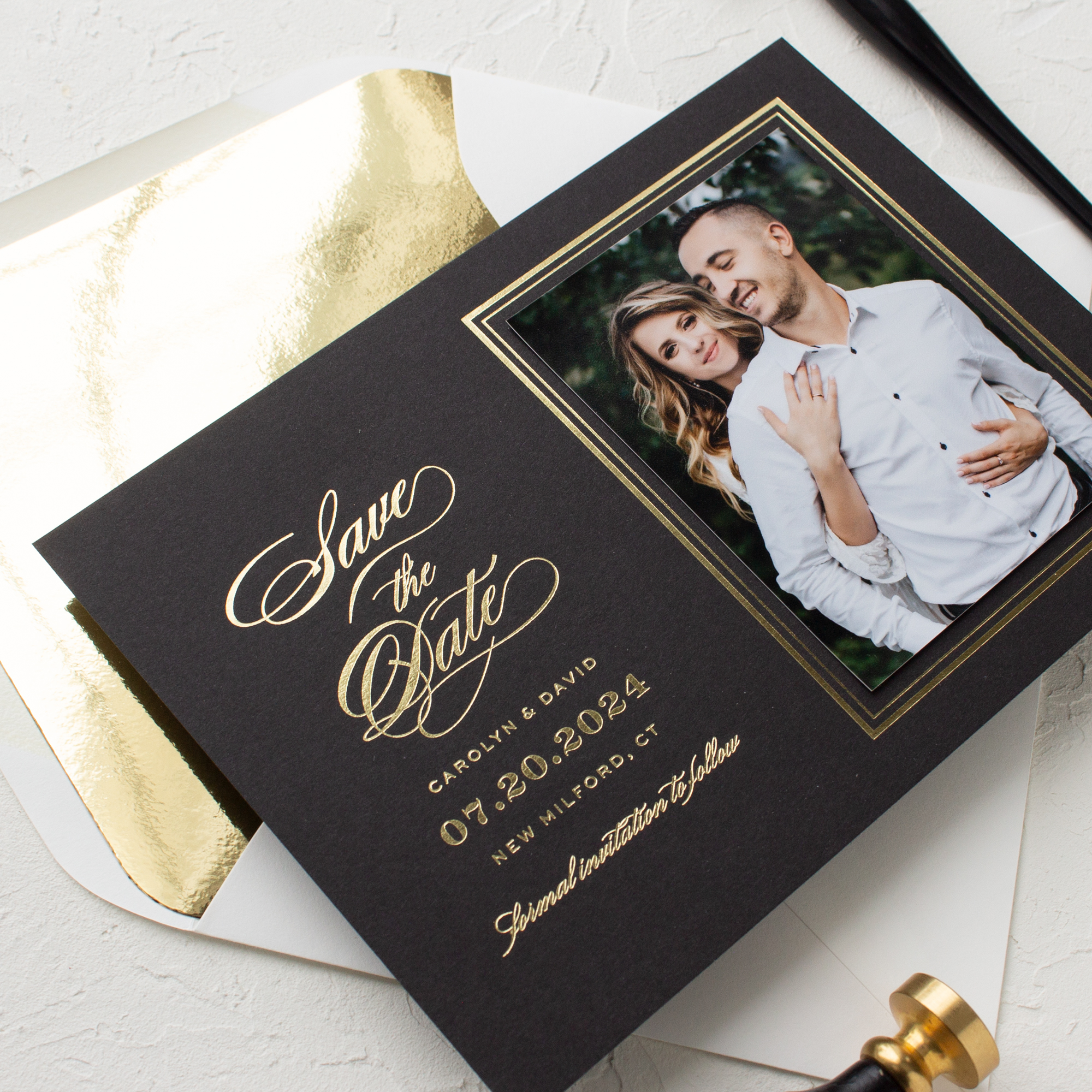 gold foil photo save the date cards