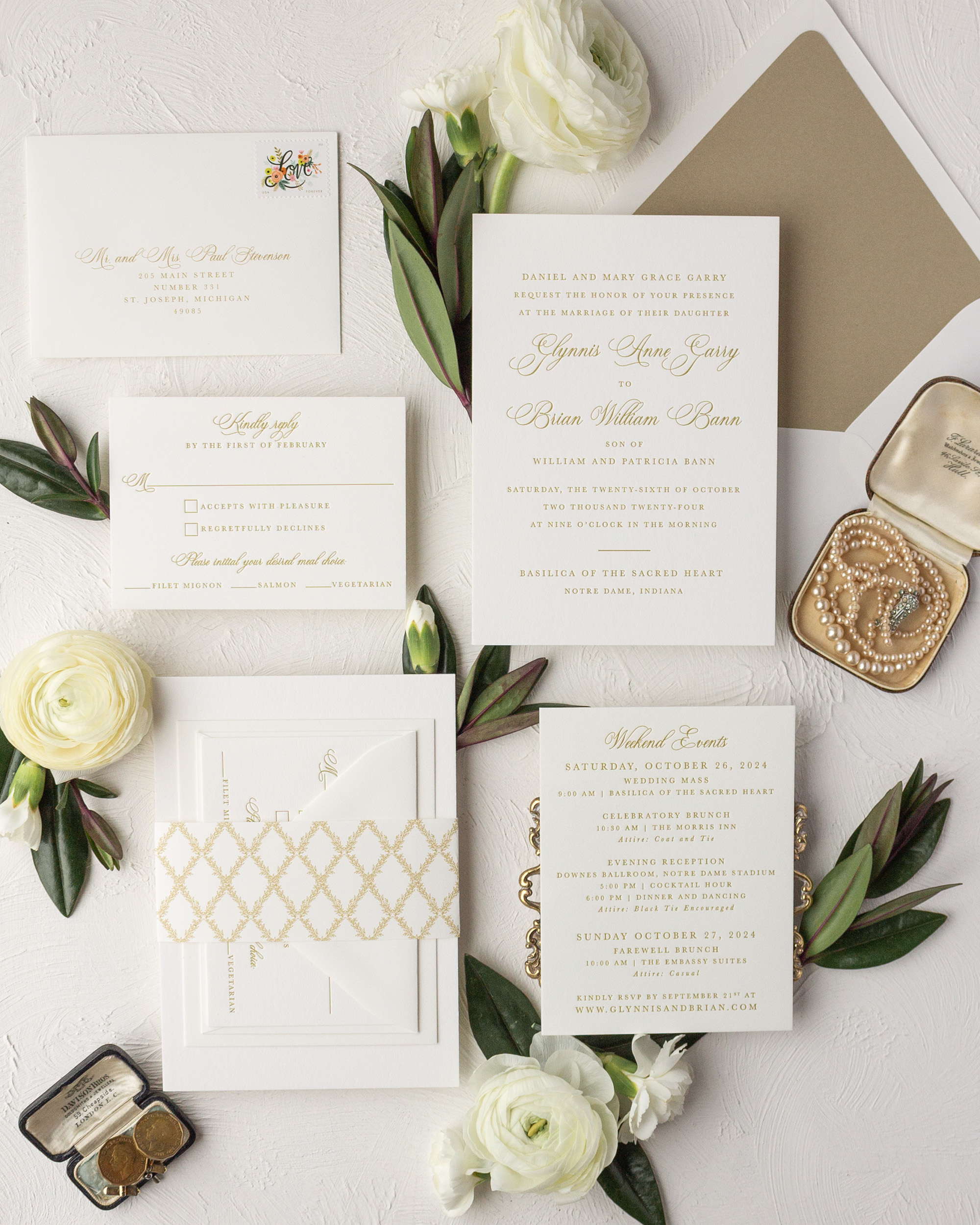 gold letterpress wedding invitation suite