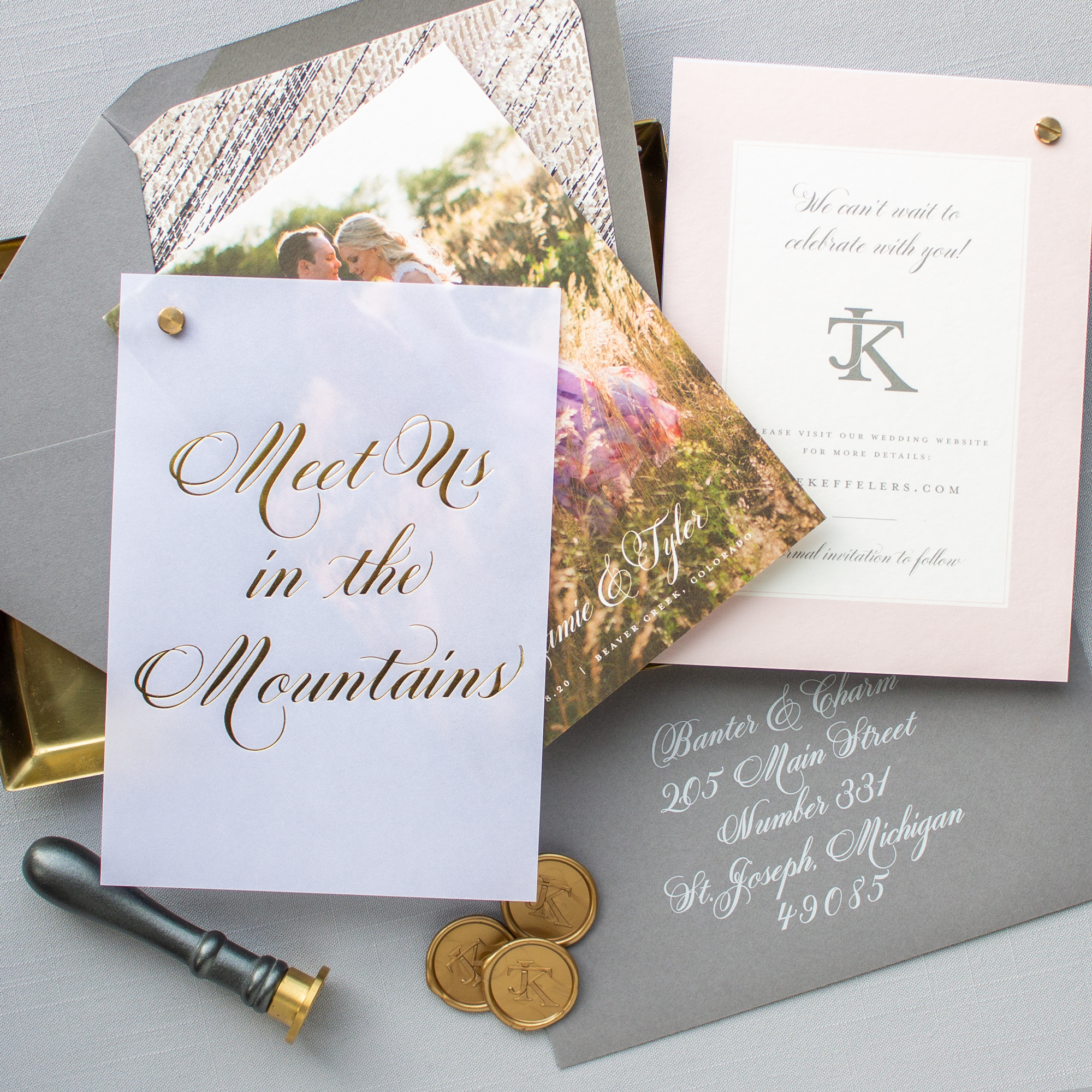 Gold Foil Vellum Save the Date for mountain wedding