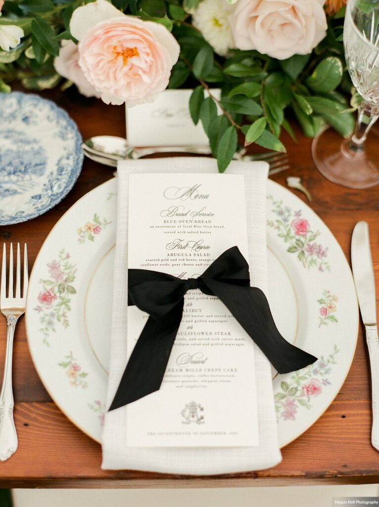 silk ribbon on wedding dinner menu