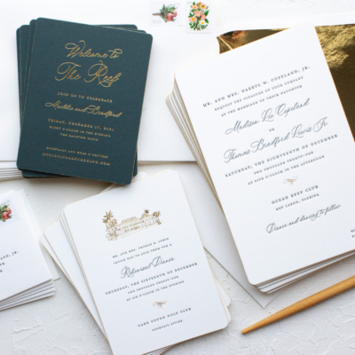 Green and gold foil wedding invitations
