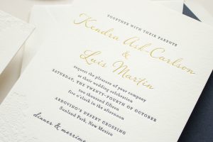 gold foil names on beautiful wedding invitation