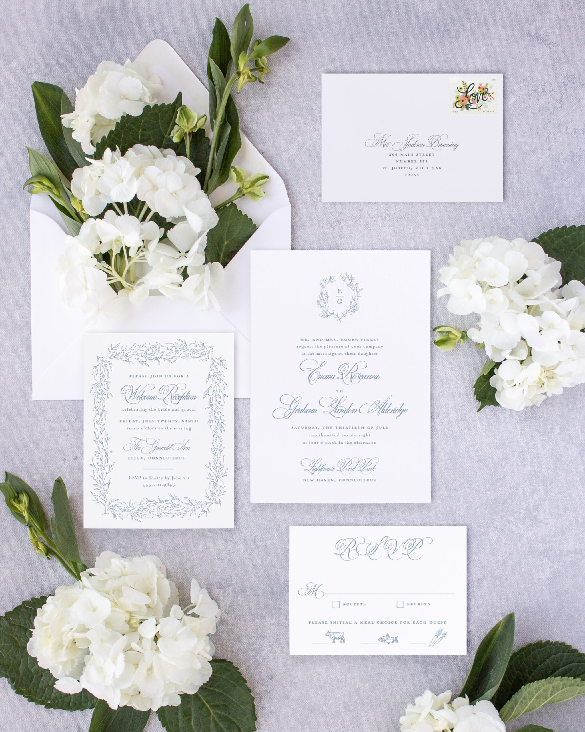 monogram crest wedding invitation suite