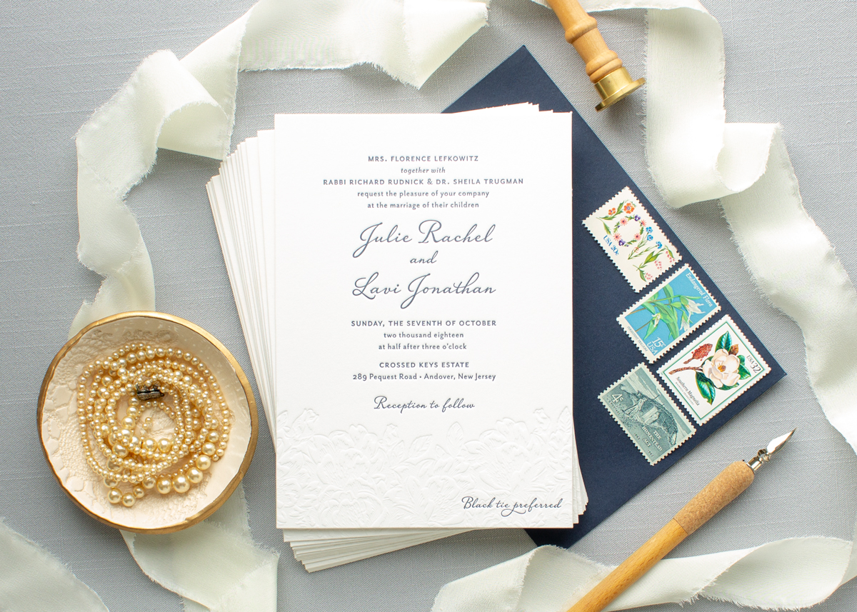 navy and blind deboss wedding invitation