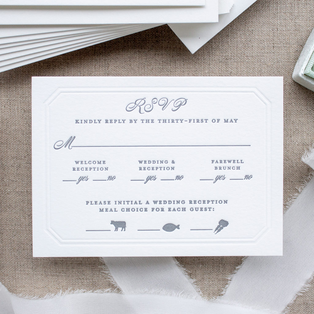 Letterpress RSVP card with meal choice icons