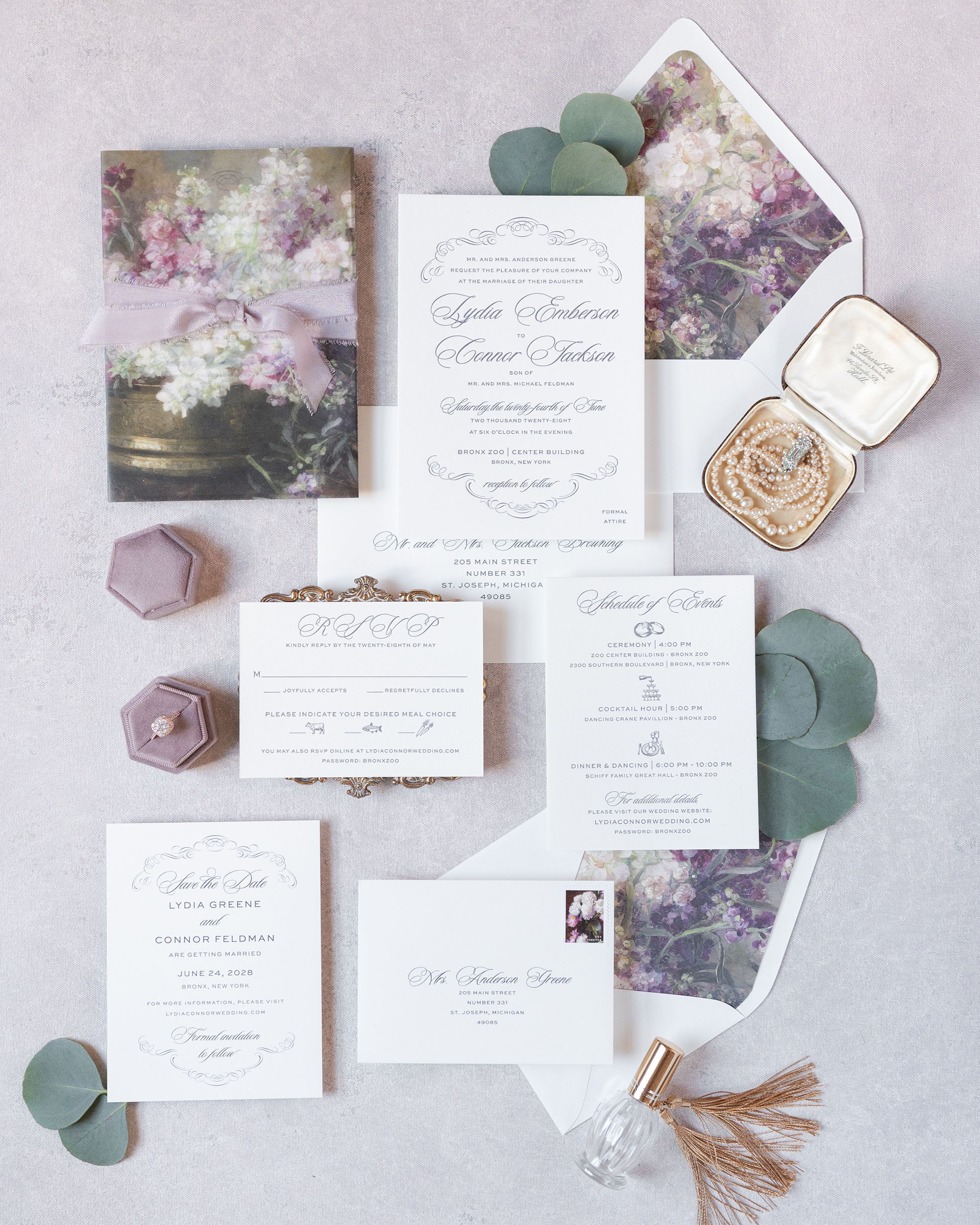 Vintage letterpress invitations with flourishes dusty purple