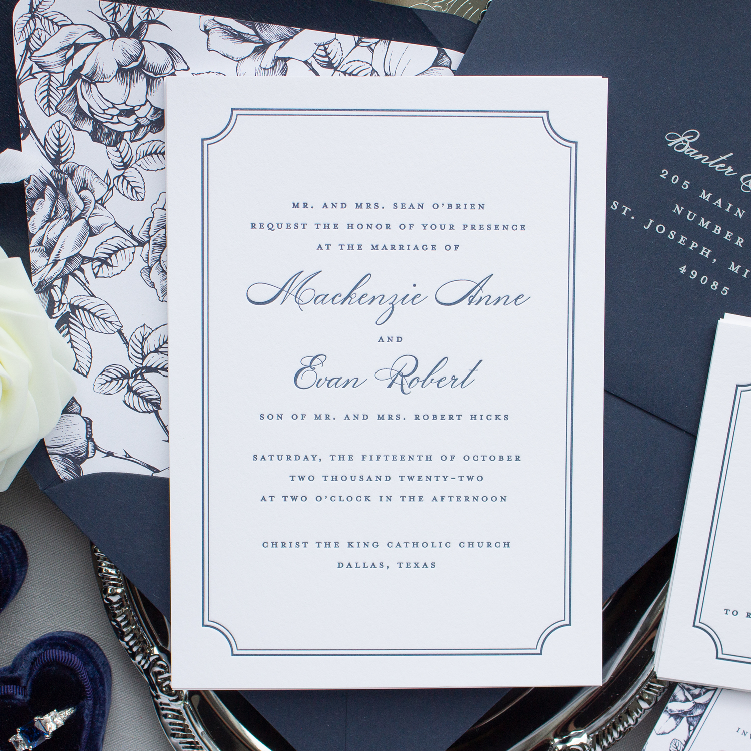 letterpress wedding invitation with floral envelope liner