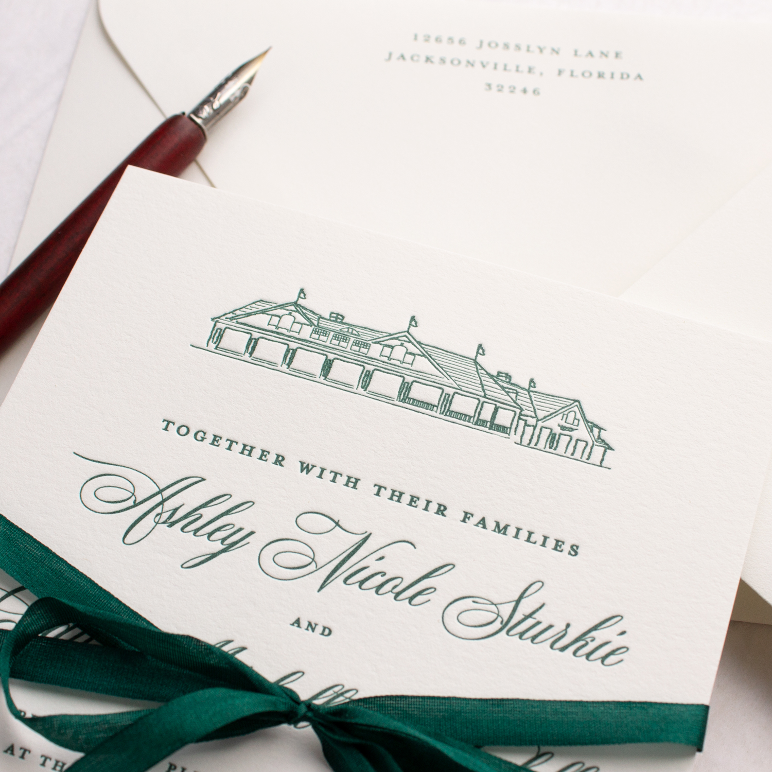 letterpress wedding invitation with venue sketch