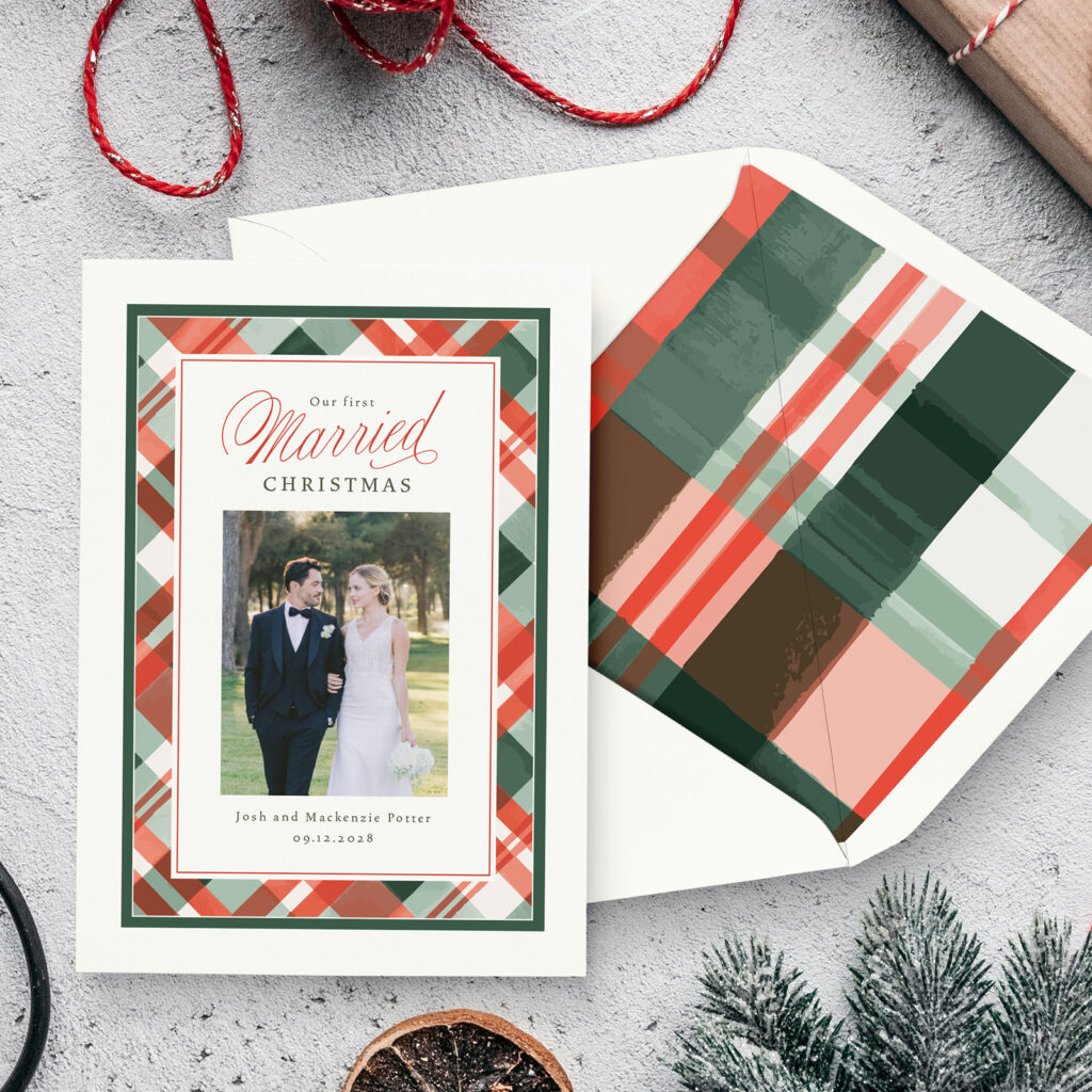 Married Christmas plaid holiday card with wedding photos