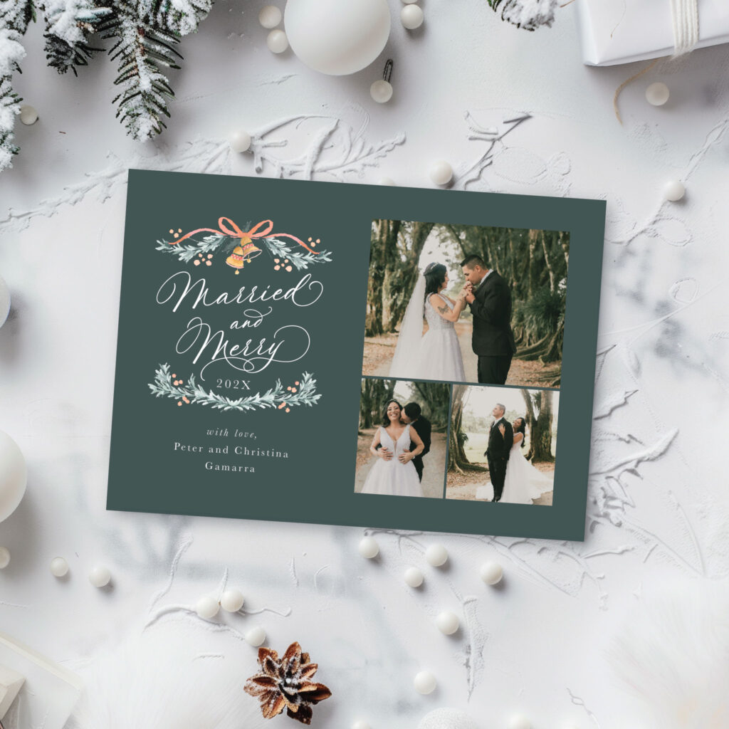 married and merry multiphoto christmas card for newlyweds
