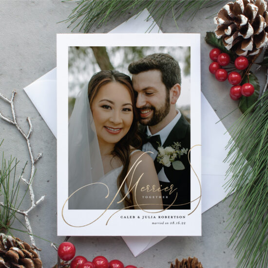 gold foil stamped christmas card for newlyweds