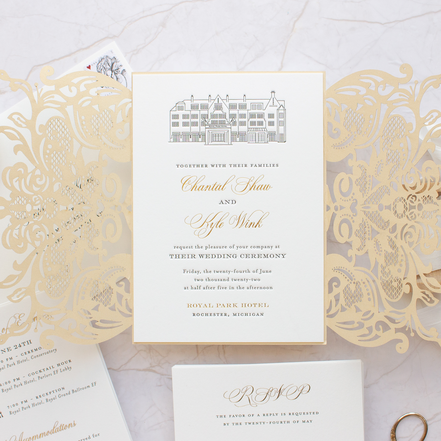 Royal Park Hotel wedding invitations with laser cut